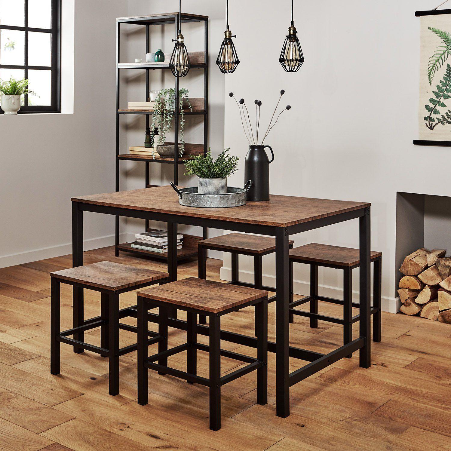 Sheffield Rich Oak Dining Table Set 4 Seater Sheffield Stools Matte Black Legs