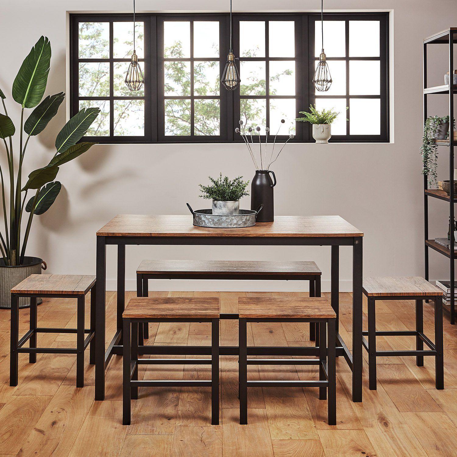 Sheffield Rich Oak Dining Table Set 6 Seater 1 Sheffield Bench & 4 Stools Matte Black Legs