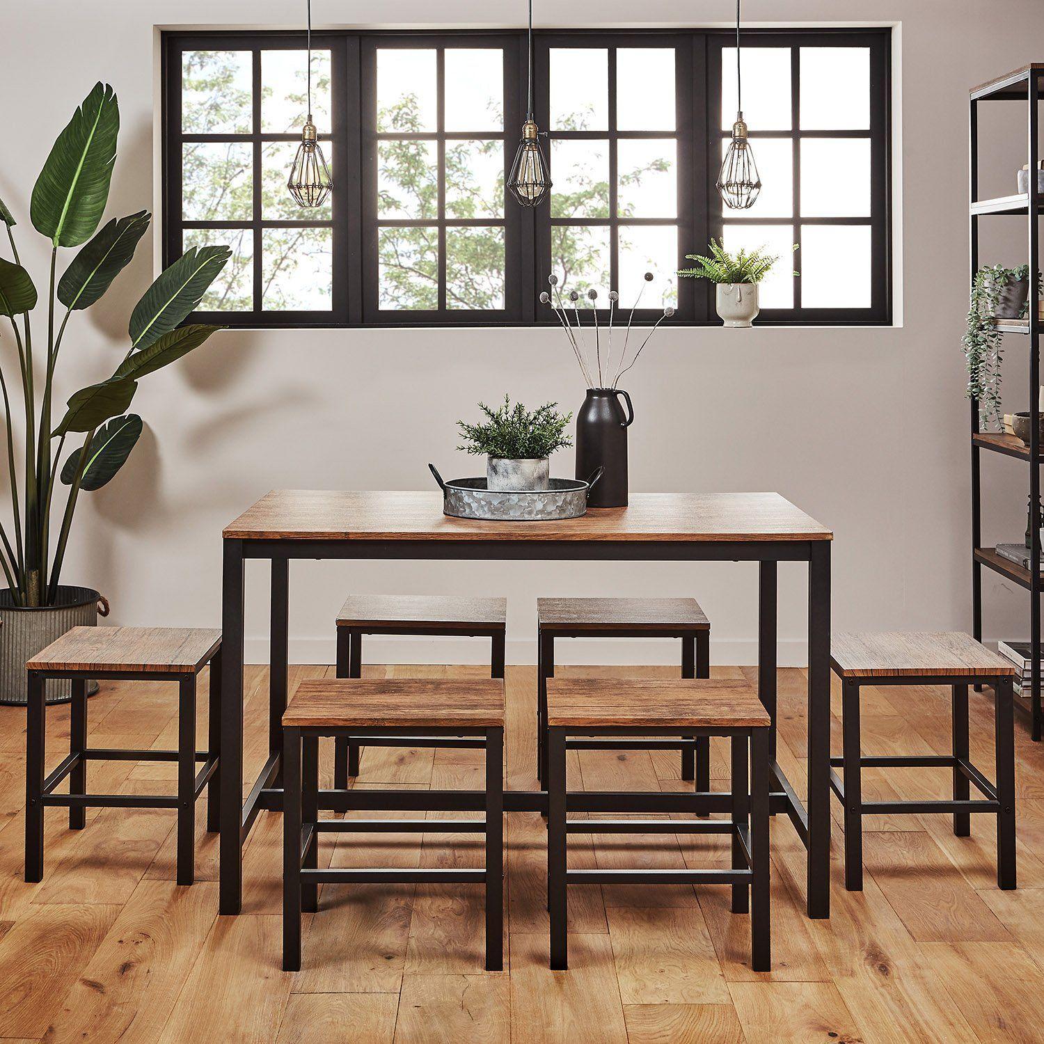 Sheffield Rich Oak Dining Table Set 6 Seater Sheffield Stools Matte Black Legs