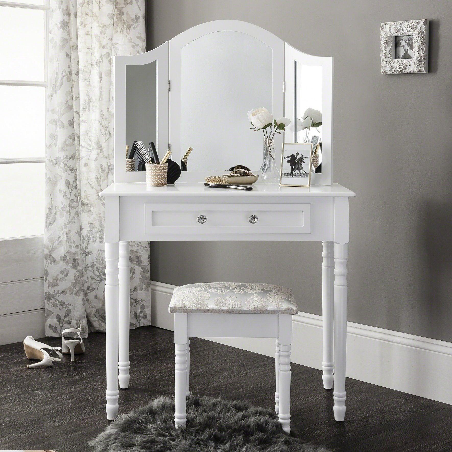 Sienna White Dressing Table with Mirror Stool – Laura James
