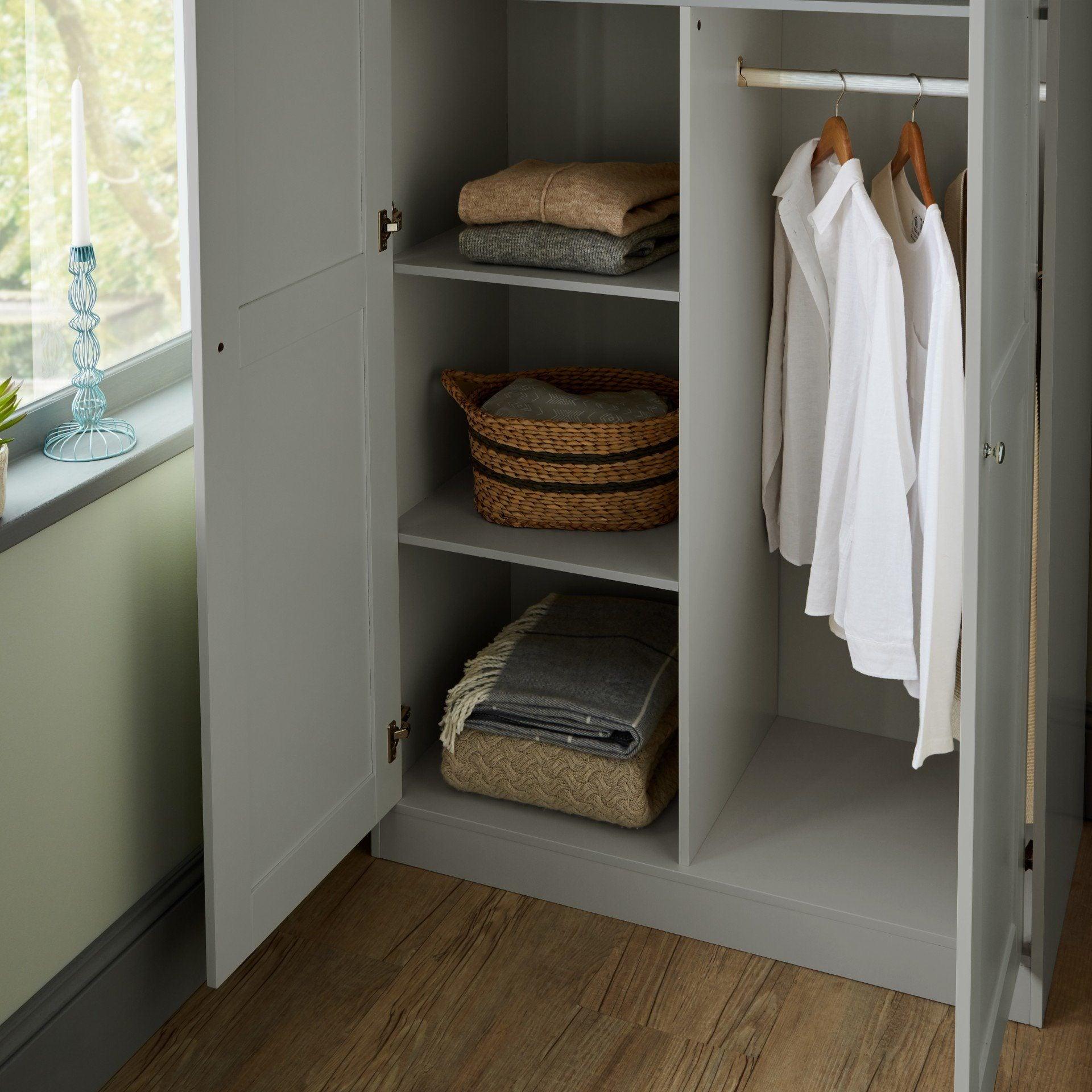 Two door wardrobe with shelves discount