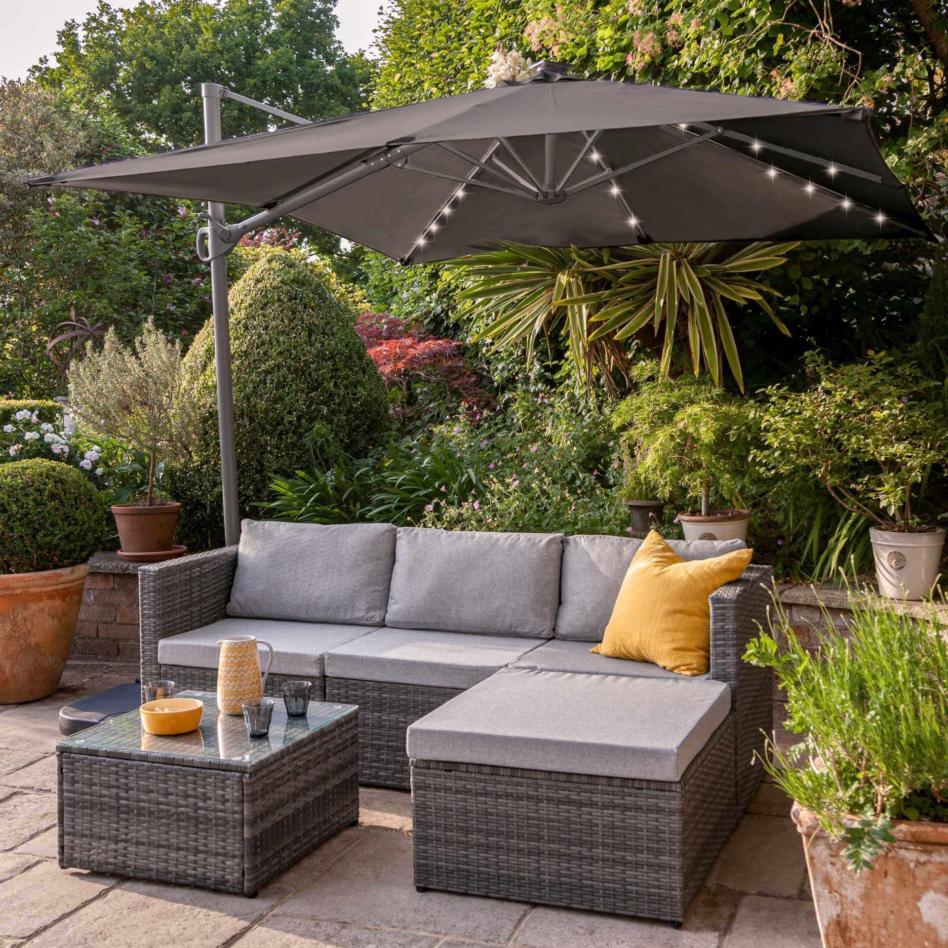 Weston 4 Seater Rattan Corner Sofa Set LED Premium Cantilever Parasol & Base Weave