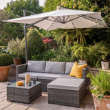4 Seater Rattan Corner Sofa Set with Cantilever Parasol and Base - Grey Weave - Laura James