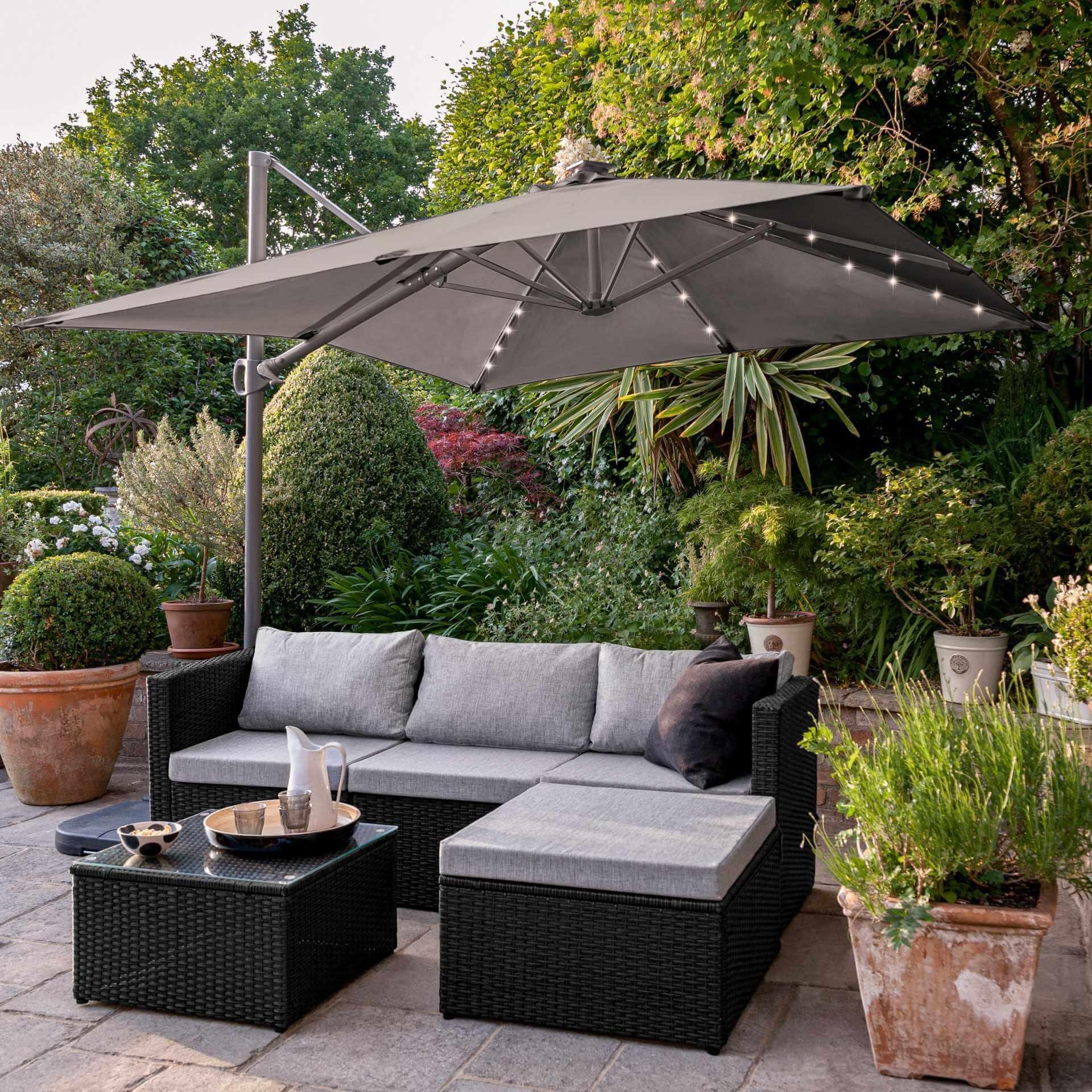 Weston 4 Seater Rattan Garden Corner Sofa Set Grey LED Premium Cantilever Parasol & Base Weave