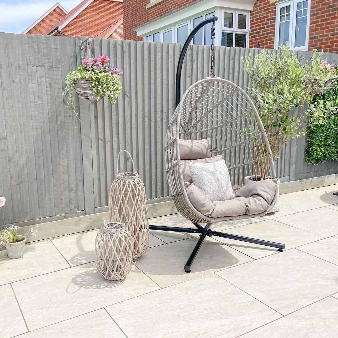 Wick Rattan Garden Hanging Egg Chair - Light Grey - Laura James