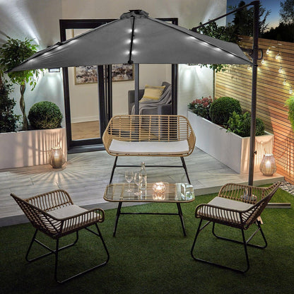 Wick rattan sofa set with grey LED premium parasol - natural - Laura James
