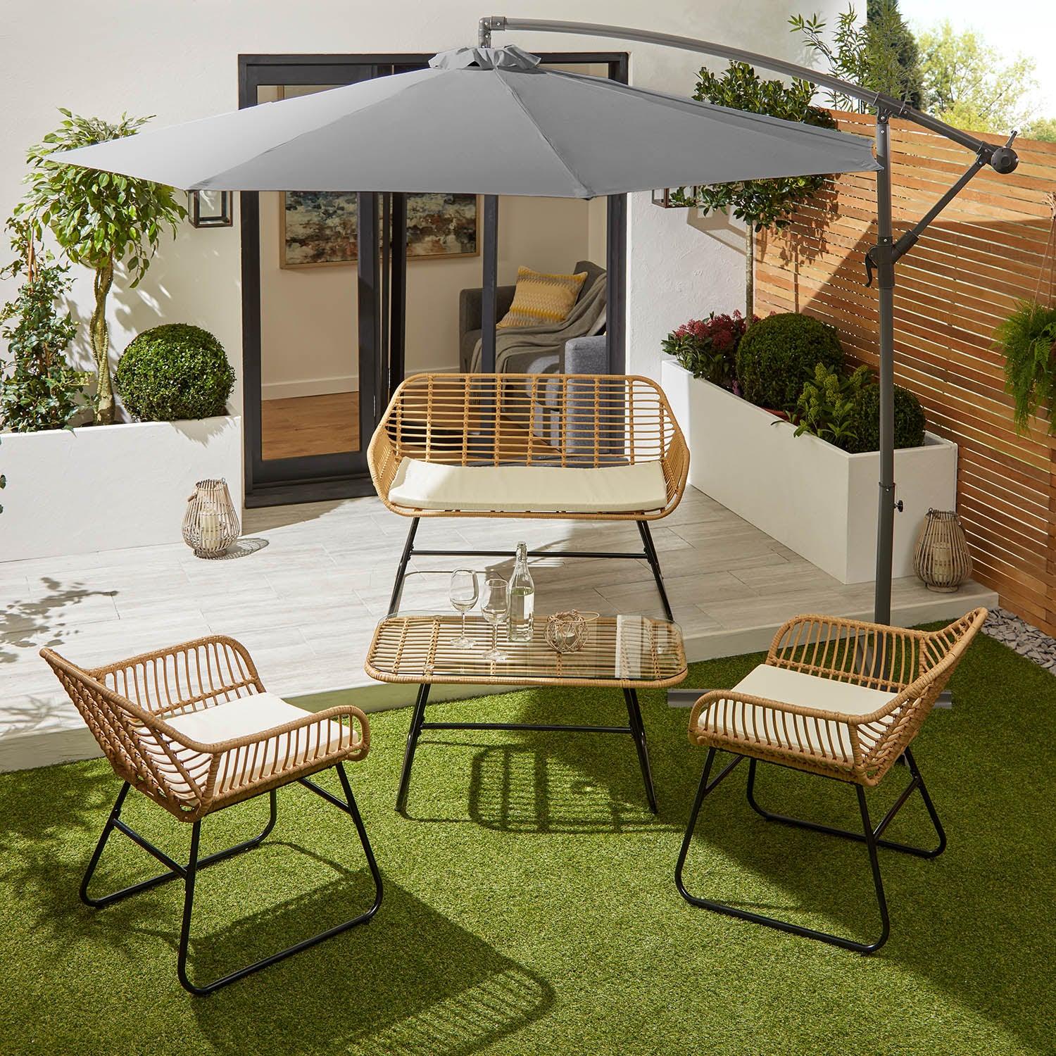 Wick Rattan Garden Sofa Set with Grey Parasol Natural